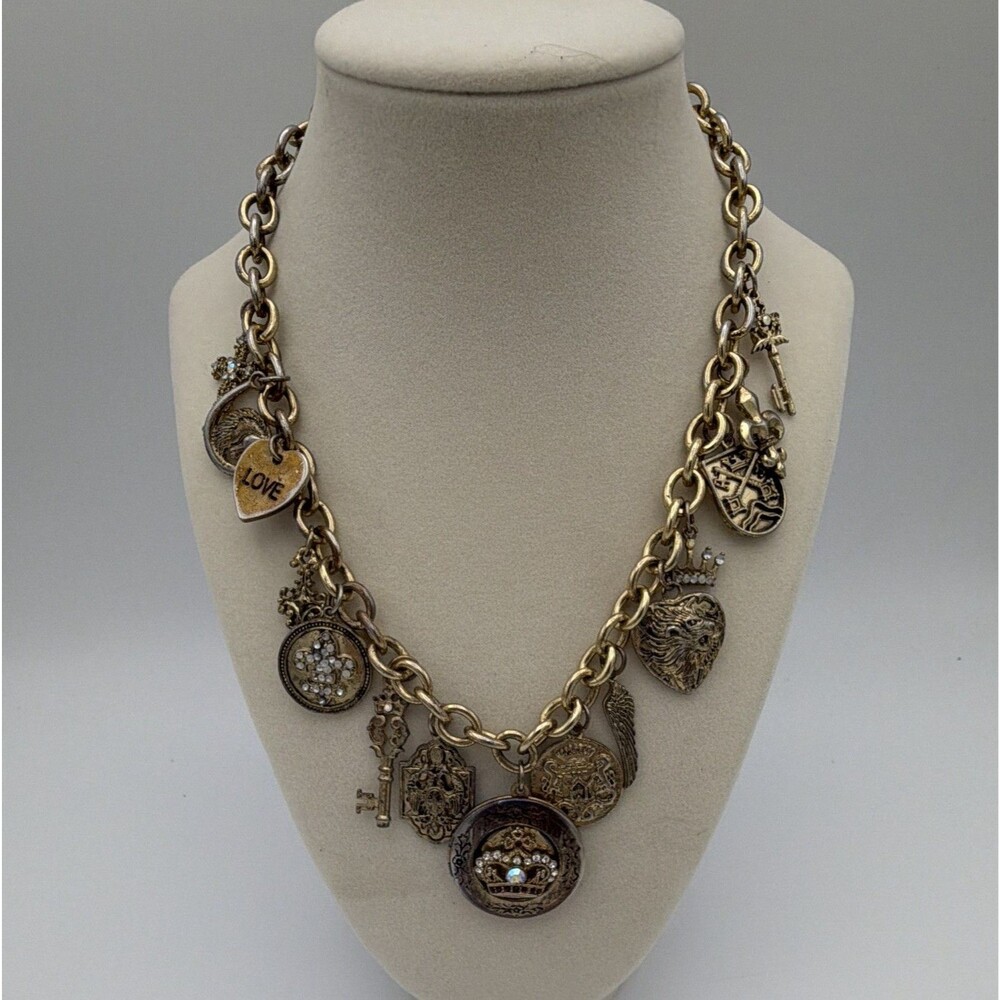 Gold Tone Cable Chain Crown Medallion Crystal Charm Necklace 20-22 inches